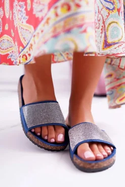 Outlet Damskie Klapki Na Korku Z Kryształkami Granatowe Do It! Damskie Klapki Korkowe|Klapki Damskie Klasyczne