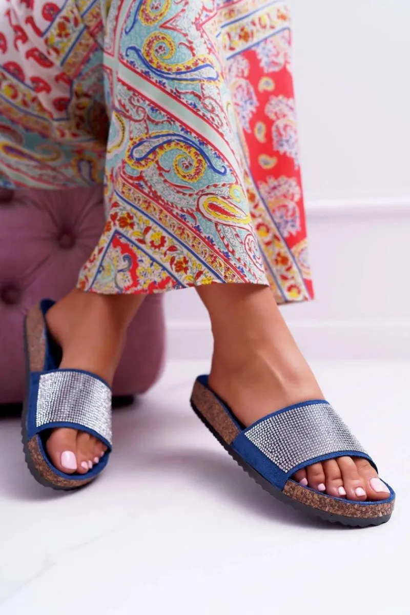 Outlet Damskie Klapki Na Korku Z Kryształkami Granatowe Do It! Damskie Klapki Korkowe|Klapki Damskie Klasyczne