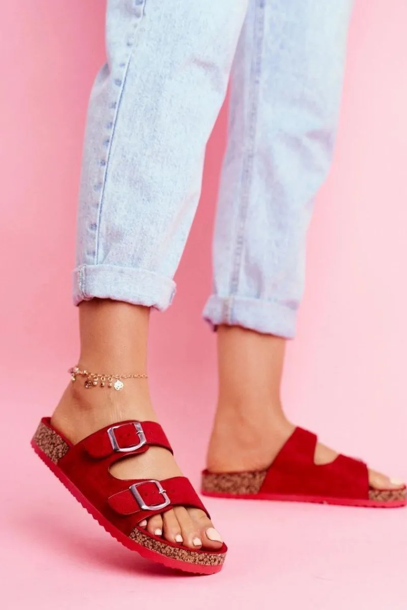 New Damskie Klapki Na Korku Z Klamrami Czerwone Si Senor Damskie Klapki Korkowe|Klapki Damskie Klasyczne