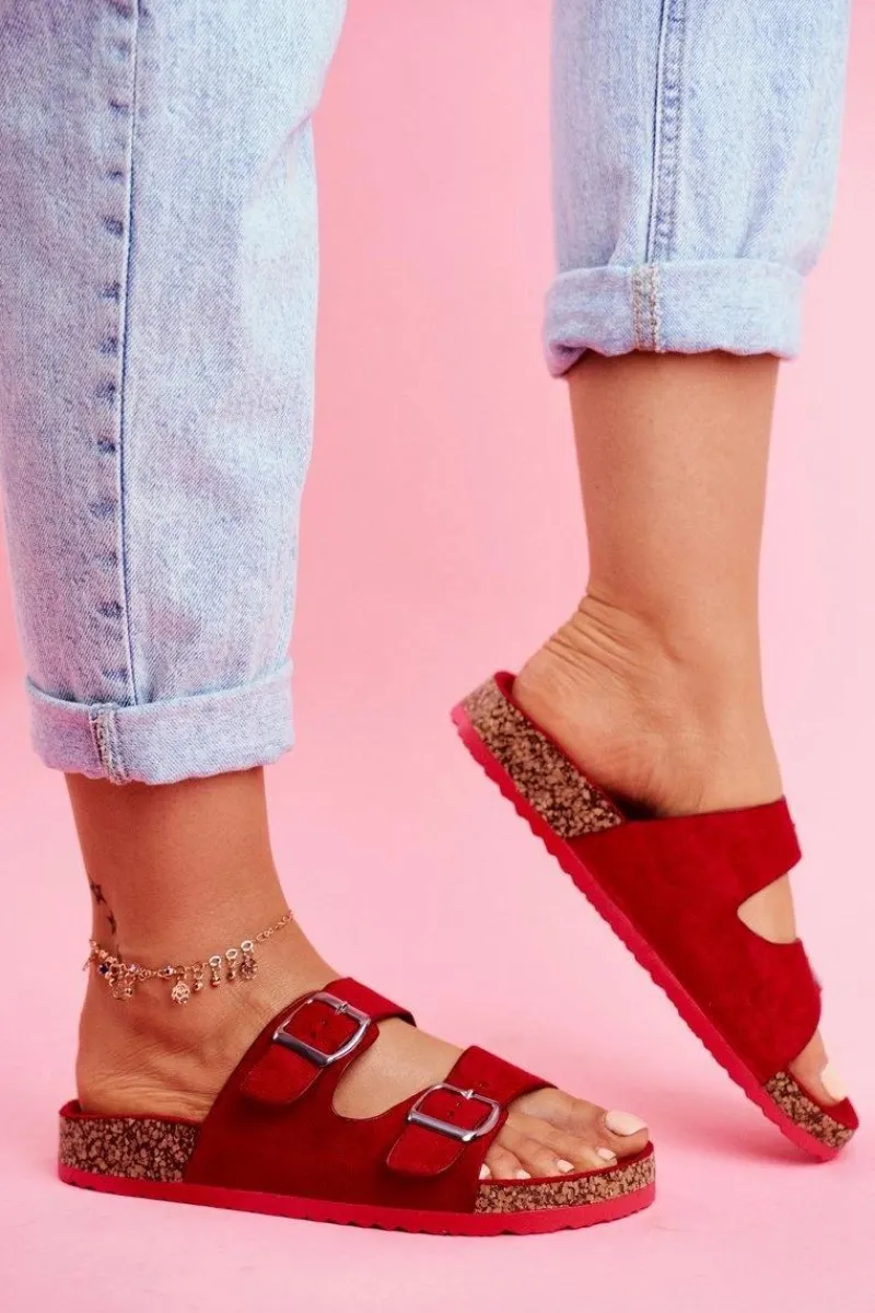 New Damskie Klapki Na Korku Z Klamrami Czerwone Si Senor Damskie Klapki Korkowe|Klapki Damskie Klasyczne