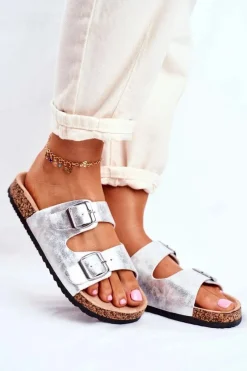 New Damskie Klapki Na Korku Z Klamrami Srebrne Vivio Damskie Klapki Korkowe|Klapki Damskie Klasyczne