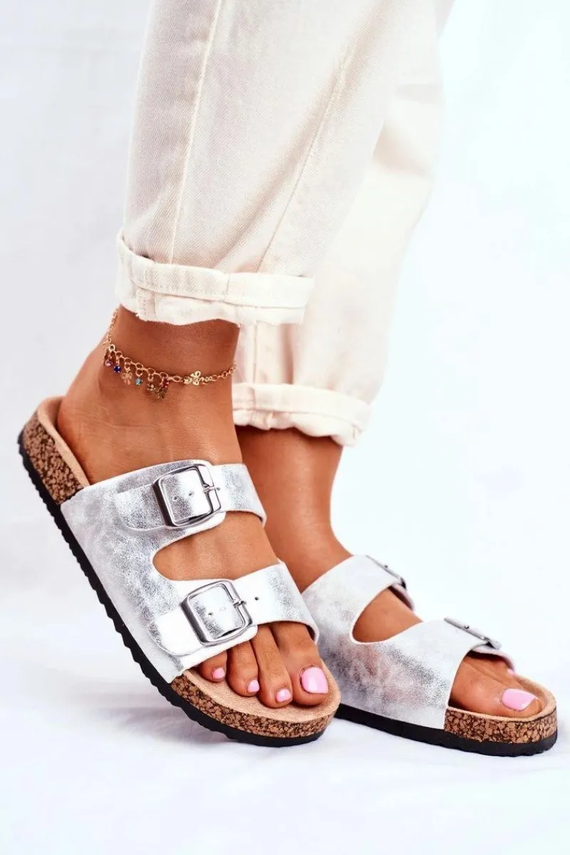 New Damskie Klapki Na Korku Z Klamrami Srebrne Vivio Damskie Klapki Korkowe|Klapki Damskie Klasyczne