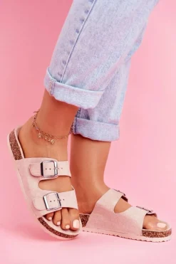 New Damskie Klapki Na Korku Z Klamrami Różowe Si Senor Damskie Klapki Korkowe|Klapki Damskie Klasyczne