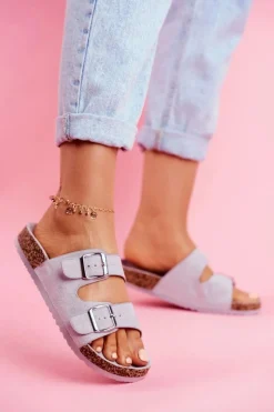 Outlet Evento Damskie Klapki Na Korku Z Klamrami Szare Si Senor