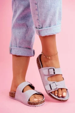 Outlet Evento Damskie Klapki Na Korku Z Klamrami Szare Si Senor