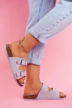 Outlet Evento Damskie Klapki Na Korku Z Klamrami Szare Si Senor