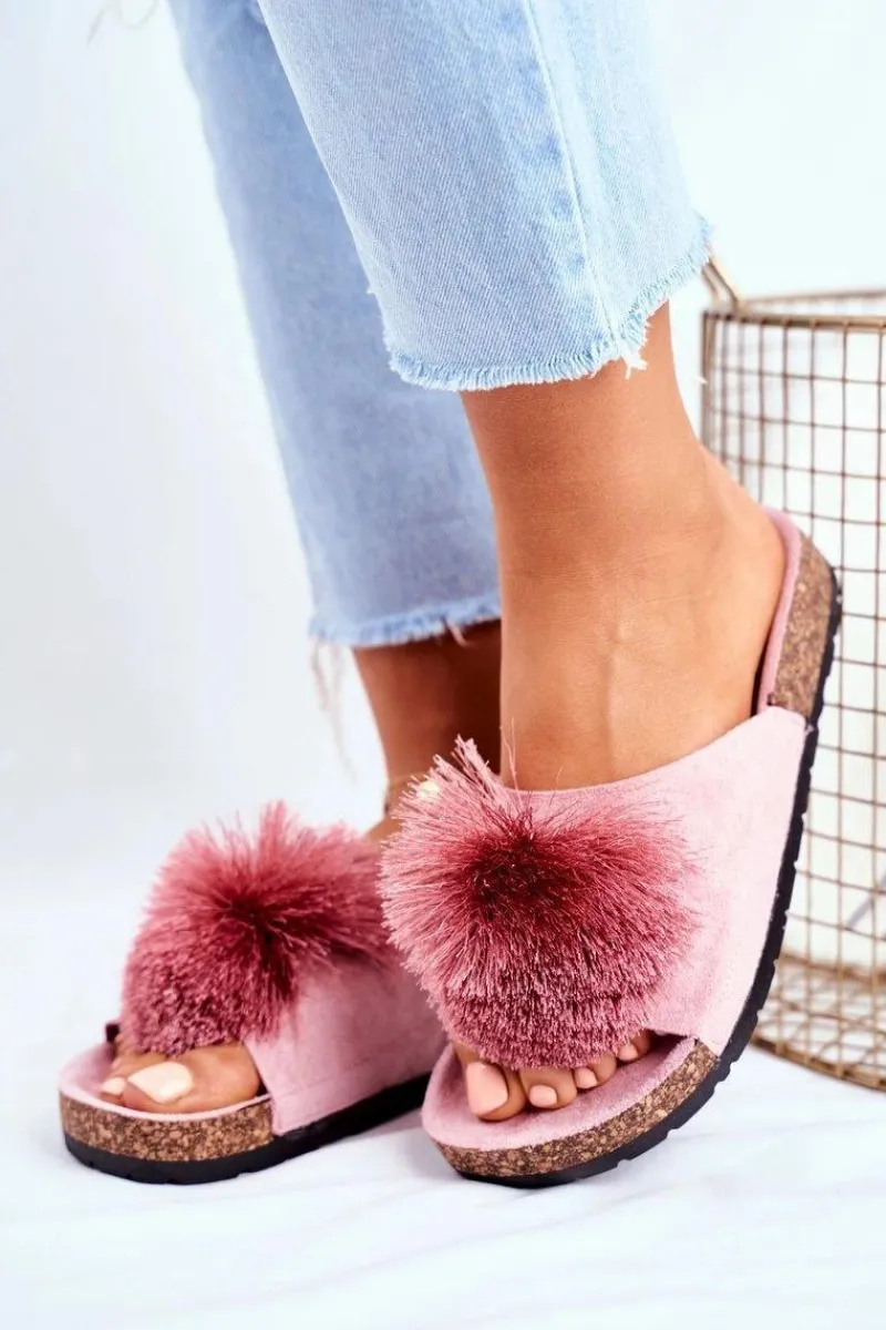 New Damskie Klapki Na Korku z Pomponem Różowe Galaxo Damskie Klapki Korkowe|Klapki Damskie Klasyczne