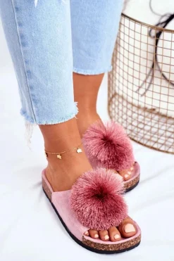 New Damskie Klapki Na Korku z Pomponem Różowe Galaxo Damskie Klapki Korkowe|Klapki Damskie Klasyczne