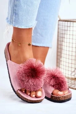 New Damskie Klapki Na Korku z Pomponem Różowe Galaxo Damskie Klapki Korkowe|Klapki Damskie Klasyczne