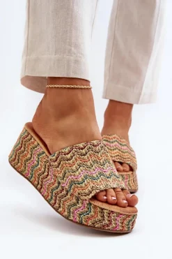 Hot Damskie Klapki Na Koturnie Beżowe Vanarila Damskie Klapki Na Koturnie|Klapki Na Platformie