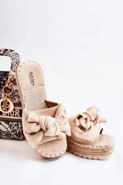 New Damskie Klapki Na Koturnie Z Kokardą Beżowe Tayla Damskie Klapki Na Koturnie|Klapki Na Obcasie