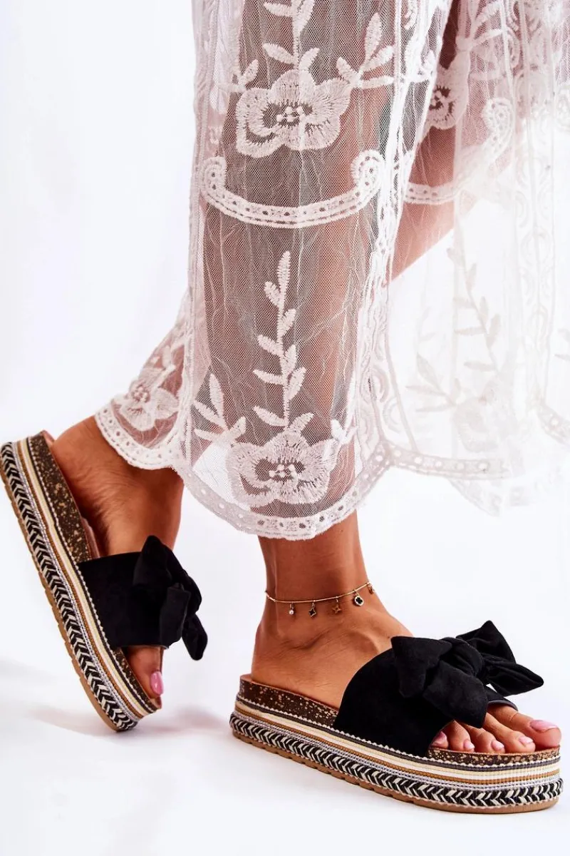 Clearance Boto Damskie Klapki Na Masywnej Platformie Z Kokardą Czarne Macardi