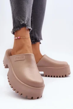 Big Star Shoes Damskie Klapki Na Masywnej Podeszwie Big Star NN274016 Beżowe Beżowy