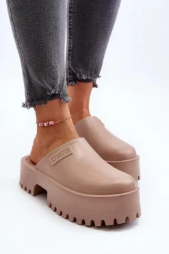 Big Star Shoes Damskie Klapki Na Masywnej Podeszwie Big Star NN274016 Beżowe Beżowy