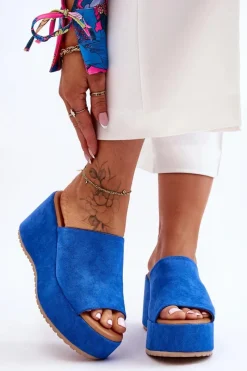 Hot Damskie Klapki Na Masywnej Platformie Niebieskie Martina Damskie Klapki Na Koturnie|Klapki Damskie Klasyczne