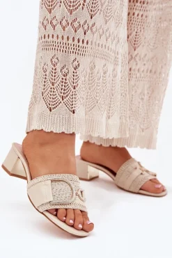 New Boto Damskie Klapki Na Obcasie Z Ozdobnym Detalem Beżowe Julinemi