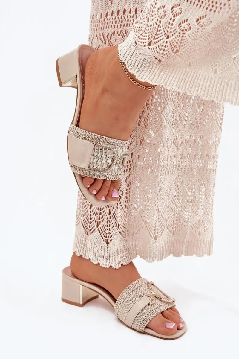 New Boto Damskie Klapki Na Obcasie Z Ozdobnym Detalem Beżowe Julinemi