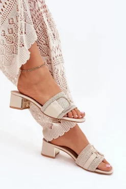 New Boto Damskie Klapki Na Obcasie Z Ozdobnym Detalem Beżowe Julinemi