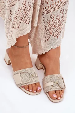 New Boto Damskie Klapki Na Obcasie Z Ozdobnym Detalem Beżowe Julinemi