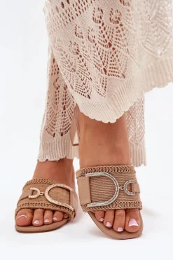 New Damskie Klapki Na Obcasie Z Ozdobnym Detalem Ciemnobeżowe Julinemi Damskie Klapki Na Obcasie|Klapki Damskie Klasyczne