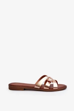 Online Evento Damskie Klapki Na Płaskim Obcasie Z Eko Skóry Złote Rosalini