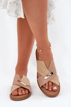 Sale Buty damskie Vinceza Damskie Klapki Na Płaskim Obcasie Z Ozdobnym Detalem Vinceza 17385 Beżowe Beżowy