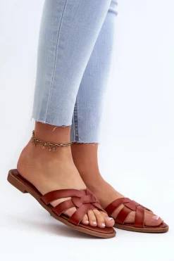 Online Damskie Klapki Na Płaskim Obcasie Z Eko Skóry Brązowe Rosalini Damskie Klapki Damskie Klasyczne