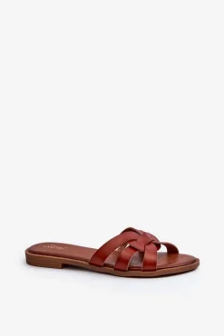 Online Damskie Klapki Na Płaskim Obcasie Z Eko Skóry Brązowe Rosalini Damskie Klapki Damskie Klasyczne