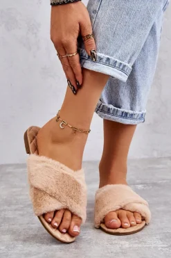 Sale Damskie Klapki Na Płaskim Obcasie Z Futerkiem Nude Lussie Damskie Klapki Z Futerkiem|Klapki Damskie Klasyczne