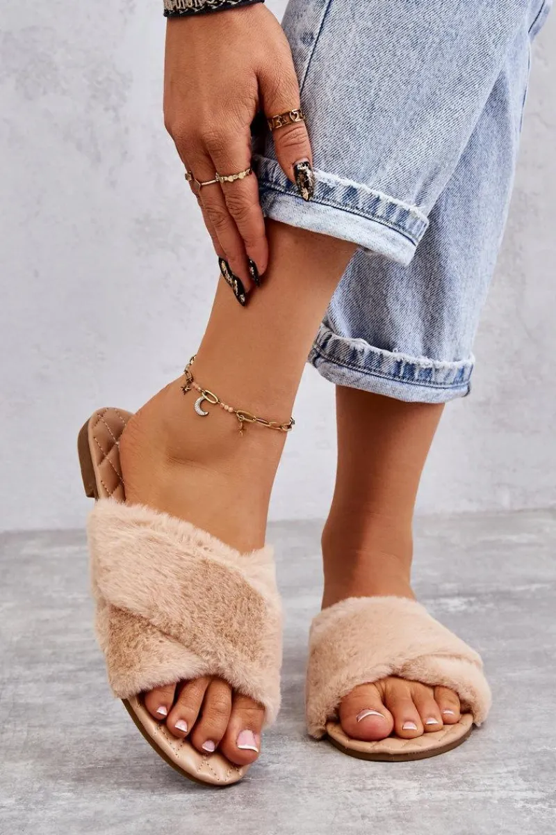 Sale Damskie Klapki Na Płaskim Obcasie Z Futerkiem Nude Lussie Damskie Klapki Z Futerkiem|Klapki Damskie Klasyczne