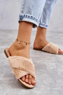 Sale Damskie Klapki Na Płaskim Obcasie Z Futerkiem Nude Lussie Damskie Klapki Z Futerkiem|Klapki Damskie Klasyczne