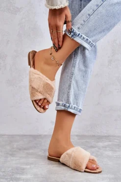 Sale Damskie Klapki Na Płaskim Obcasie Z Futerkiem Nude Lussie Damskie Klapki Z Futerkiem|Klapki Damskie Klasyczne