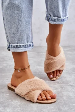 Sale Damskie Klapki Na Płaskim Obcasie Z Futerkiem Nude Lussie Damskie Klapki Z Futerkiem|Klapki Damskie Klasyczne