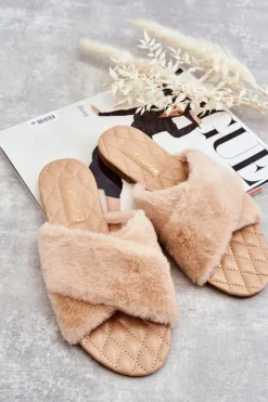 Sale Damskie Klapki Na Płaskim Obcasie Z Futerkiem Nude Lussie Damskie Klapki Z Futerkiem|Klapki Damskie Klasyczne