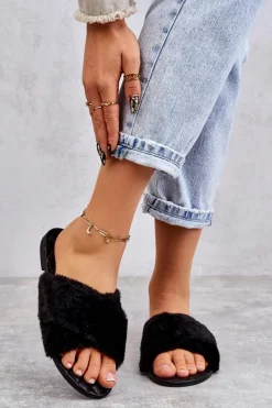 Online Boto Damskie Klapki Na Płaskim Obcasie Z Futerkiem Czarne Lussie