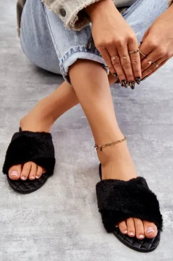 Online Boto Damskie Klapki Na Płaskim Obcasie Z Futerkiem Czarne Lussie