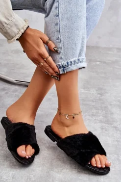Online Boto Damskie Klapki Na Płaskim Obcasie Z Futerkiem Czarne Lussie