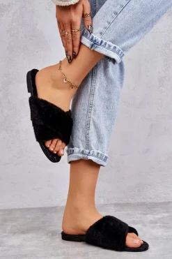 Online Boto Damskie Klapki Na Płaskim Obcasie Z Futerkiem Czarne Lussie