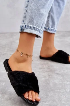 Online Boto Damskie Klapki Na Płaskim Obcasie Z Futerkiem Czarne Lussie