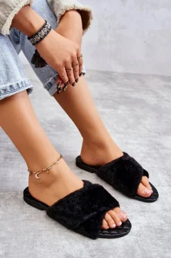 Online Boto Damskie Klapki Na Płaskim Obcasie Z Futerkiem Czarne Lussie