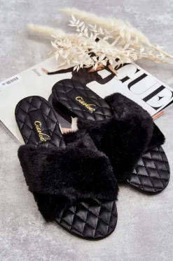 Online Boto Damskie Klapki Na Płaskim Obcasie Z Futerkiem Czarne Lussie