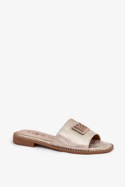 Best Damskie buty S.Barski Damskie Klapki Na Płaskim Obcasie Z Ozdobą S.Barski KV51-089 Złote