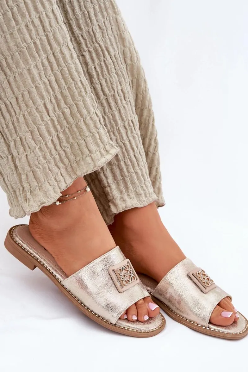 Best Damskie buty S.Barski Damskie Klapki Na Płaskim Obcasie Z Ozdobą S.Barski KV51-089 Złote