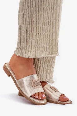 Best Damskie buty S.Barski Damskie Klapki Na Płaskim Obcasie Z Ozdobą S.Barski KV51-089 Złote