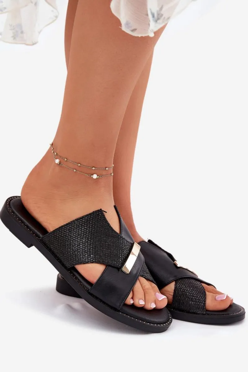 Klapki Damskie Klasyczne>Buty damskie Vinceza Damskie Klapki Na Płaskim Obcasie Z Ozdobnym Detalem Vinceza 17385 Czarne Czarny