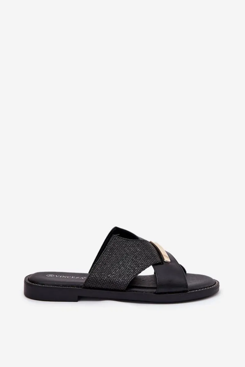 Klapki Damskie Klasyczne>Buty damskie Vinceza Damskie Klapki Na Płaskim Obcasie Z Ozdobnym Detalem Vinceza 17385 Czarne Czarny