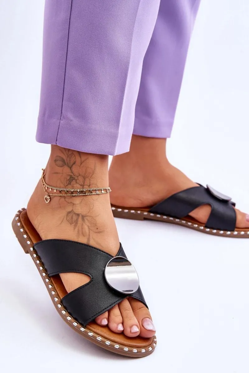 Hot Damskie Klapki Na Płaskim Obcasie Czarne Kenley Damskie Klapki Damskie Klasyczne