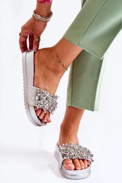 Sale Damskie Klapki Na Platformie Z Ozdobami Srebrne Almina Damskie Klapki Na Koturnie|Klapki Na Obcasie