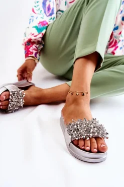 Sale Damskie Klapki Na Platformie Z Ozdobami Srebrne Almina Damskie Klapki Na Koturnie|Klapki Na Obcasie