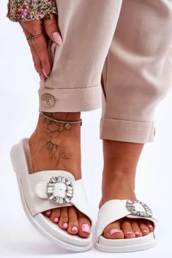 Klapki Na Platformie>Boto Damskie Klapki Na Platformie Z Ozdobą Białe Beneca